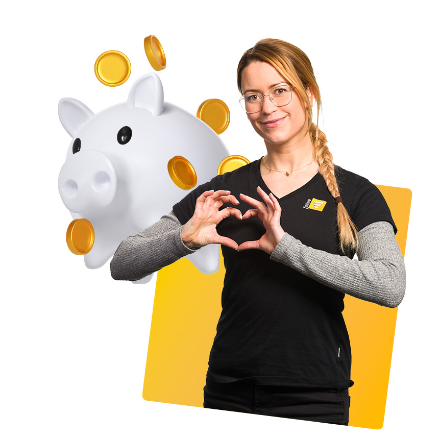 Sparschwein und Miriam aus dem Finlove Team